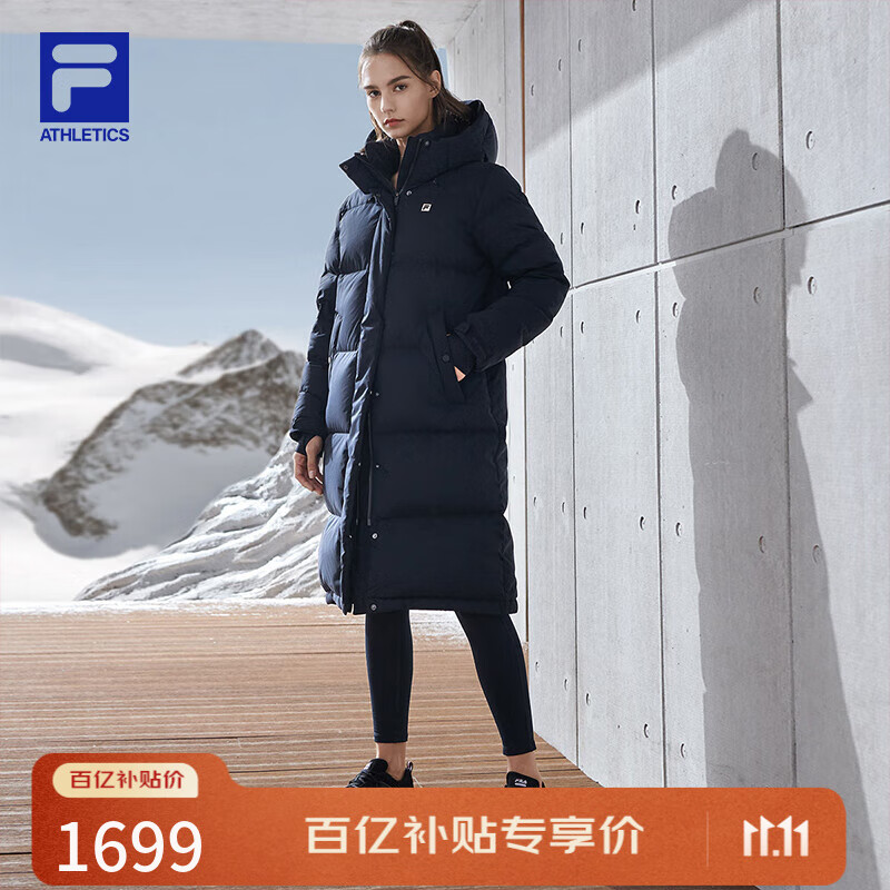 FILA 90鹅绒|斐乐官方女装长款羽绒服冬季运动连帽保暖羽绒外套 深黑-BK M 165/84A/M