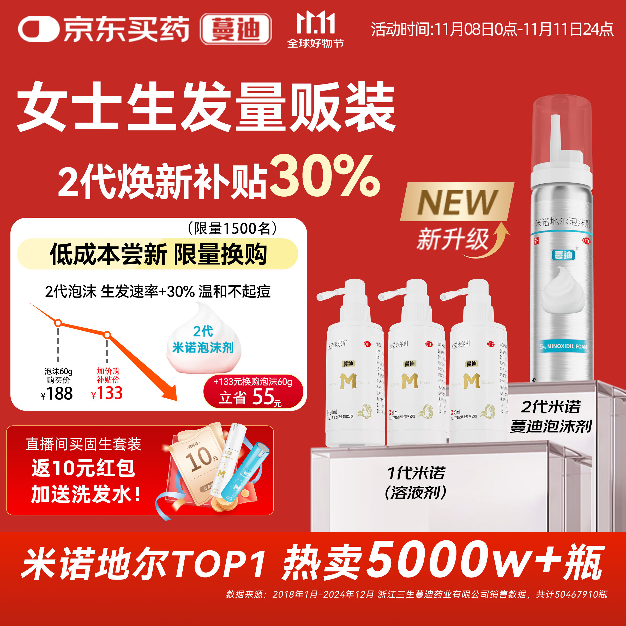 蔓迪女士生发喷雾30ml*3瓶【超值疗程装】5%米诺地尔酊（脱发严重女专用）