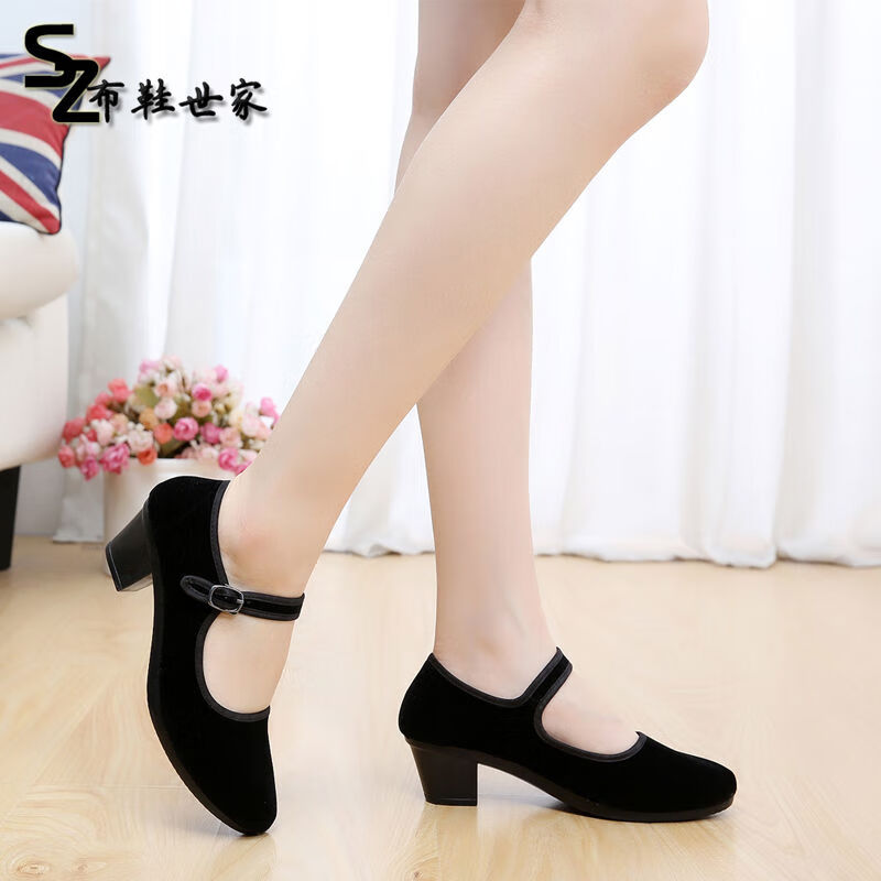 老北京黑色女士高跟拉带布鞋舞蹈鞋酒店工作鞋黑平绒浅口单鞋 黑色
