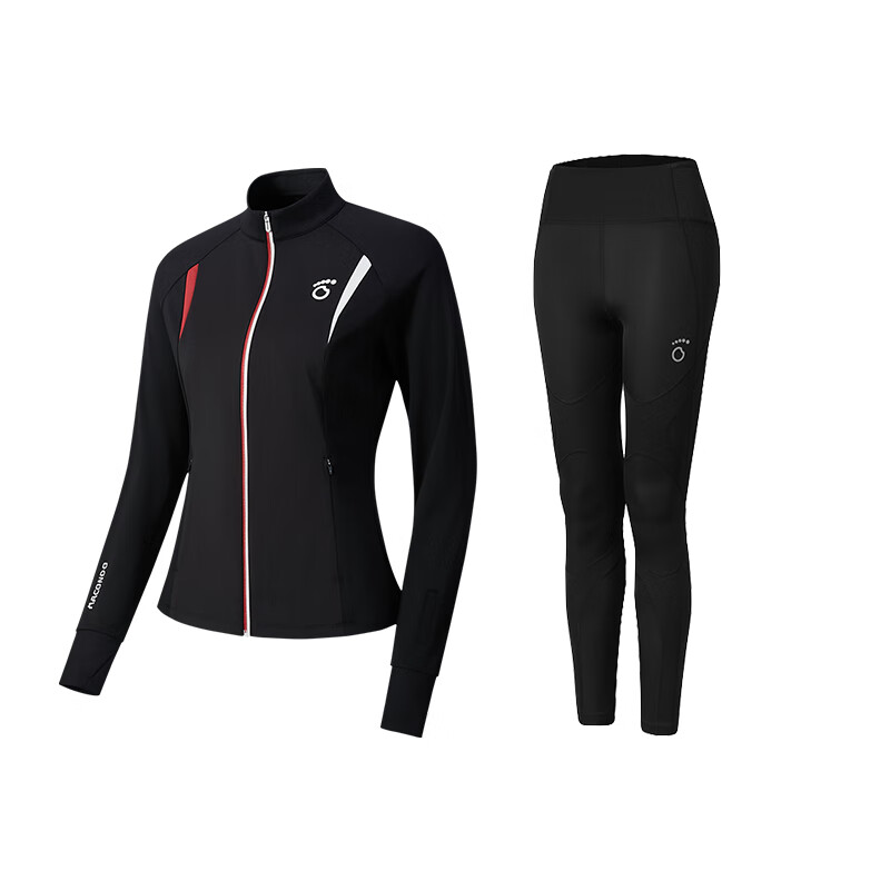 马孔多（macondo）跑步外套男女款防风加绒针织外套支撑压缩长裤运动套装 黑色+黑色 女 XL