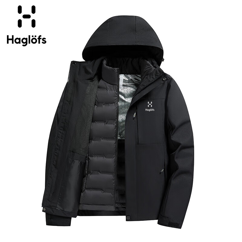 火柴棍羽绒服冲锋衣男女同款秋冬季运动户外登山防风防水三合一连帽外套 男/骑士黑 M