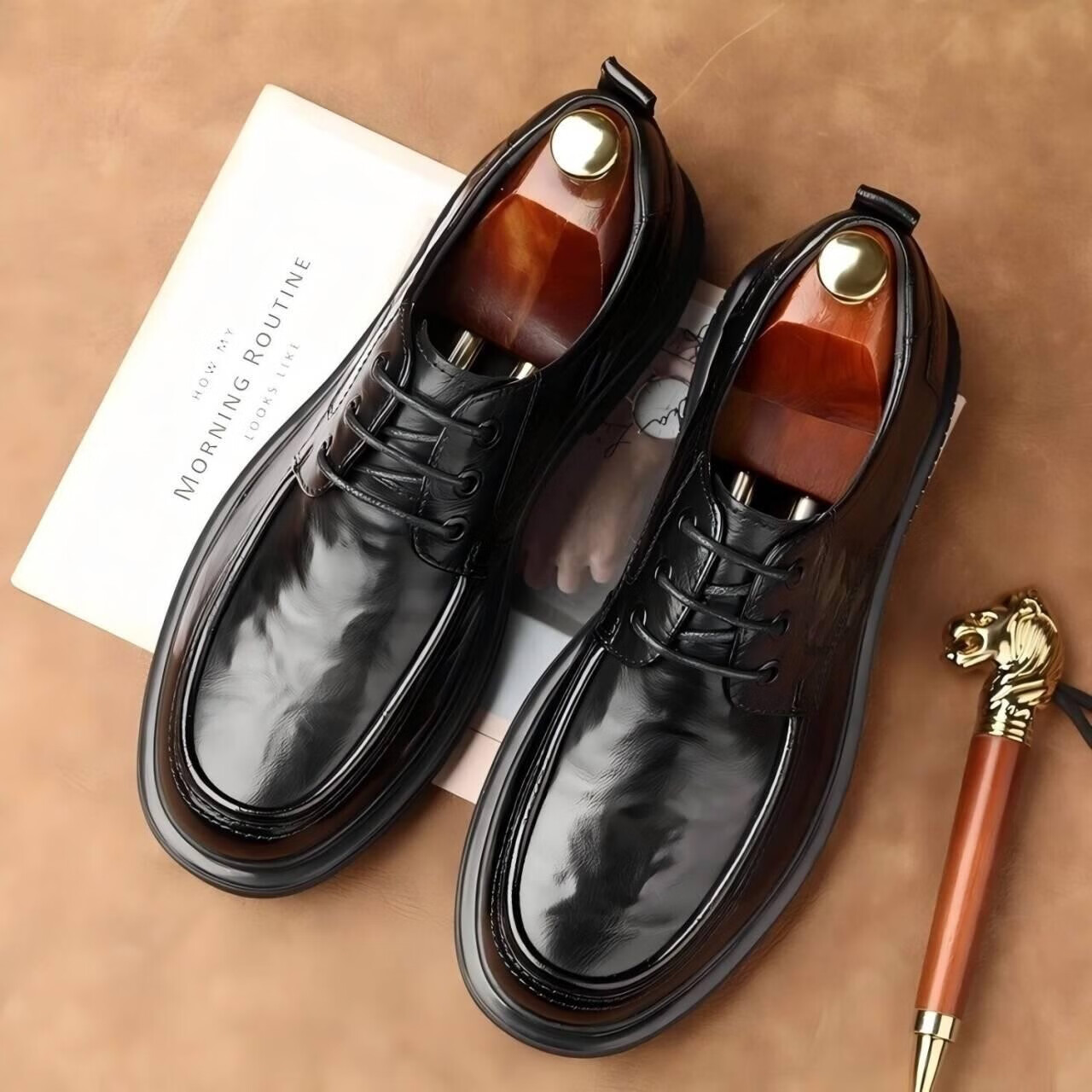 男士高档轻奢商务皮鞋防滑厚底休闲鞋时尚低帮正装皮鞋 （货号8983）黑色 42