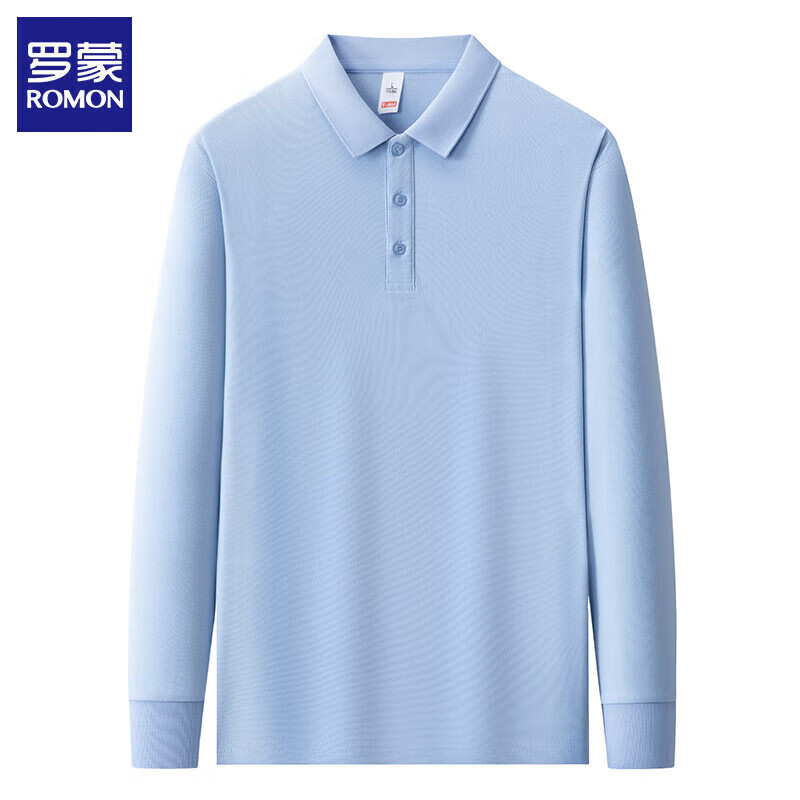 罗蒙（ROMON）长袖t恤男士2025秋季新款商务休闲翻领纯色打底衫男装上衣 天蓝 XL