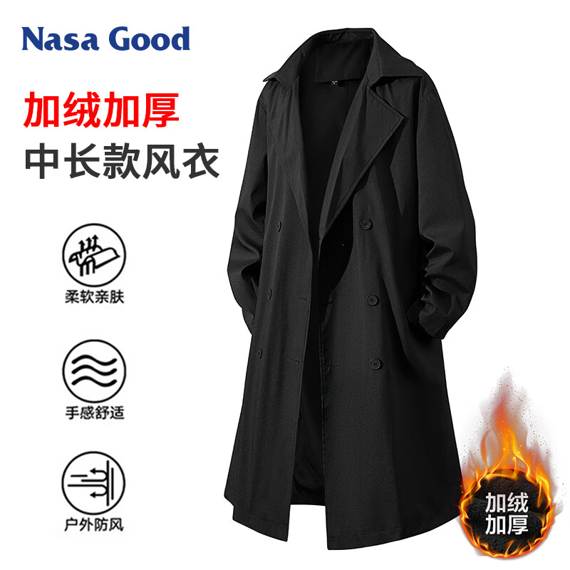 NASA GOOD加绒中长款风衣男女款秋冬季潮牌宽松青年休闲垂感保暖外套 黑L