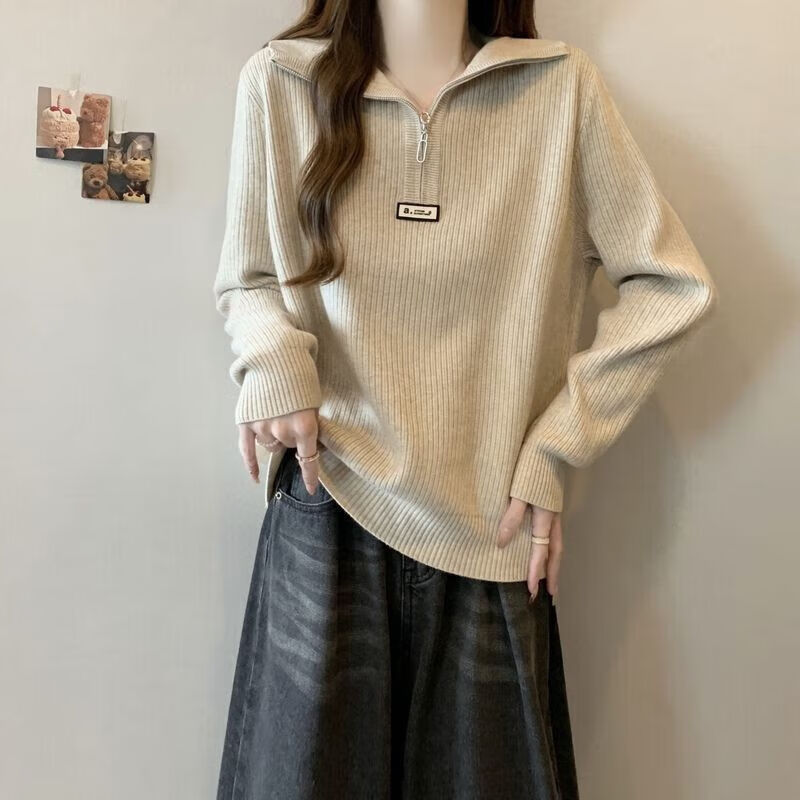 朵貌条半拉链翻领正肩女大码针织衫宽松显瘦毛衣打底衫减龄上衣 灰色 L 100-120斤