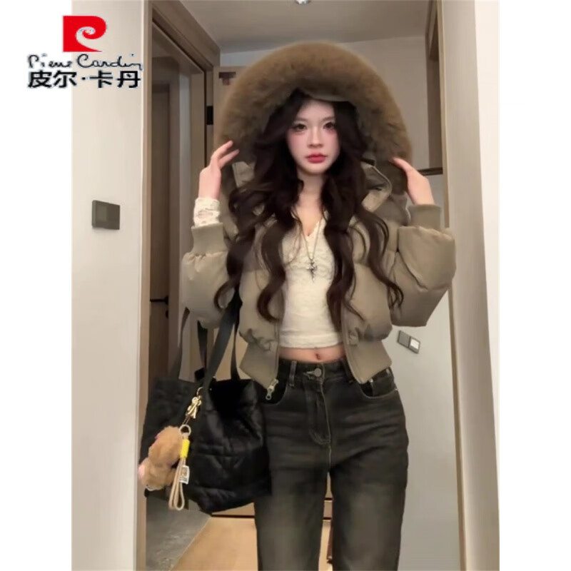 皮尔卡丹（pierre cardin）美式驼色毛领连帽羽绒棉服女秋冬季新款加厚修身保暖短款外套上衣 浅棕色 S 建议80-100斤