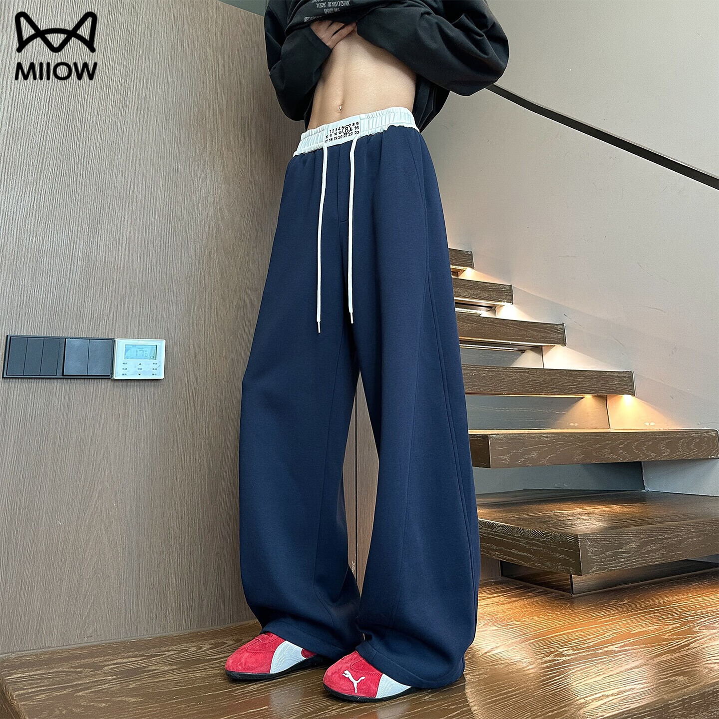 猫人裤子男款秋季弯刀宽松阔腿直筒青少年棉质运动重磅垂感休闲卫长裤 M1931藏青色 XL