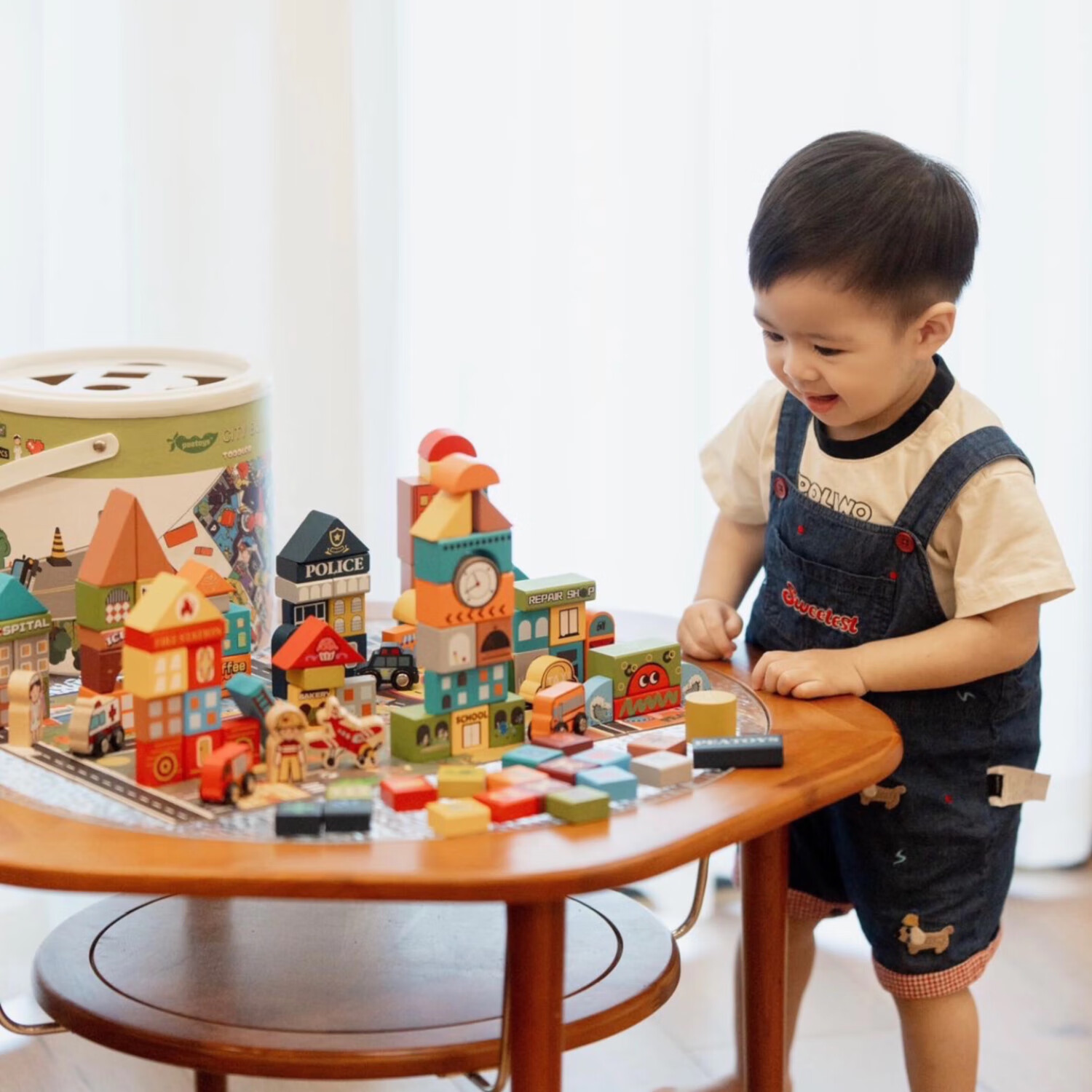 PEATOYS110粒大颗粒桶装纯实木带拼图城市主题积木婴幼儿早教玩具礼物 PEATOYS多巴城市积木