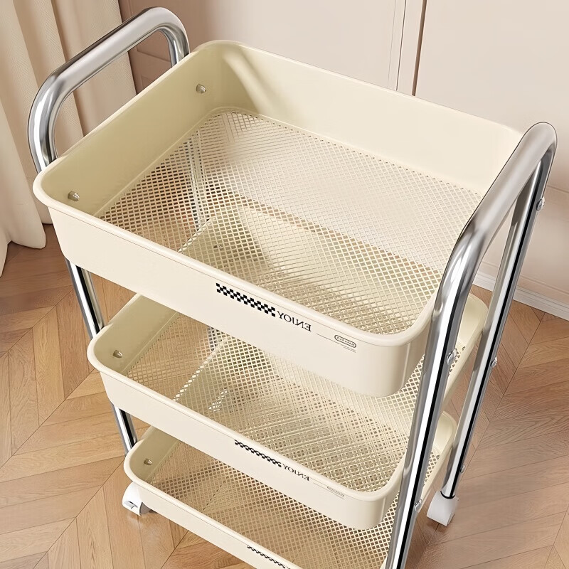 馨婺家小推车置物架落地可移动客厅卧室床边零食架子浴室厨房书本收纳架 白色-三层【塑料款】