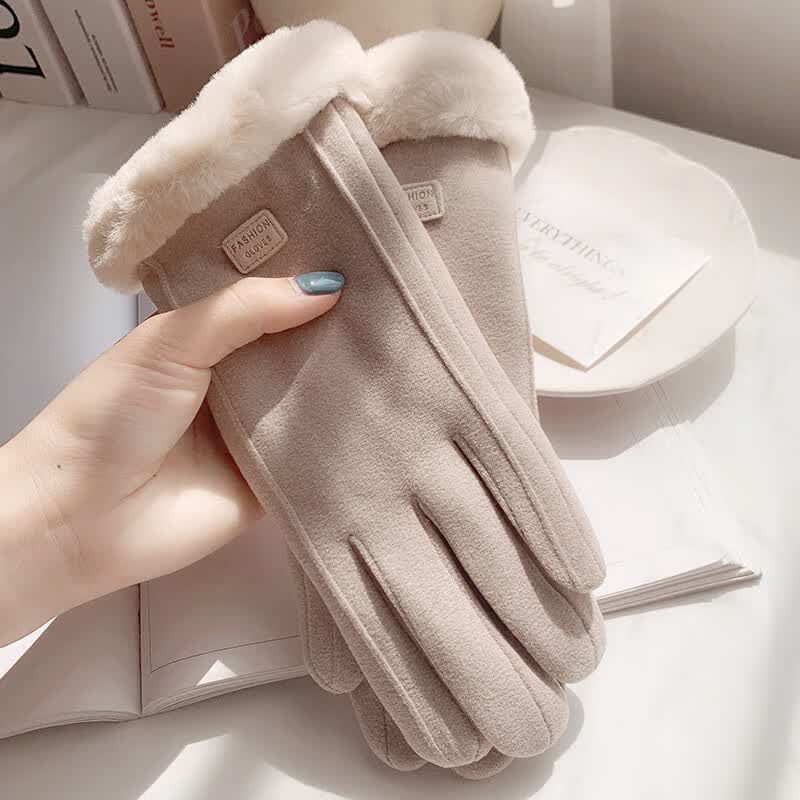 南极人（Nanjiren）手套冬天女加绒加厚保暖可爱麂皮绒女士骑行防寒骑车防风触屏冬季 毛圈手套-米色 均码