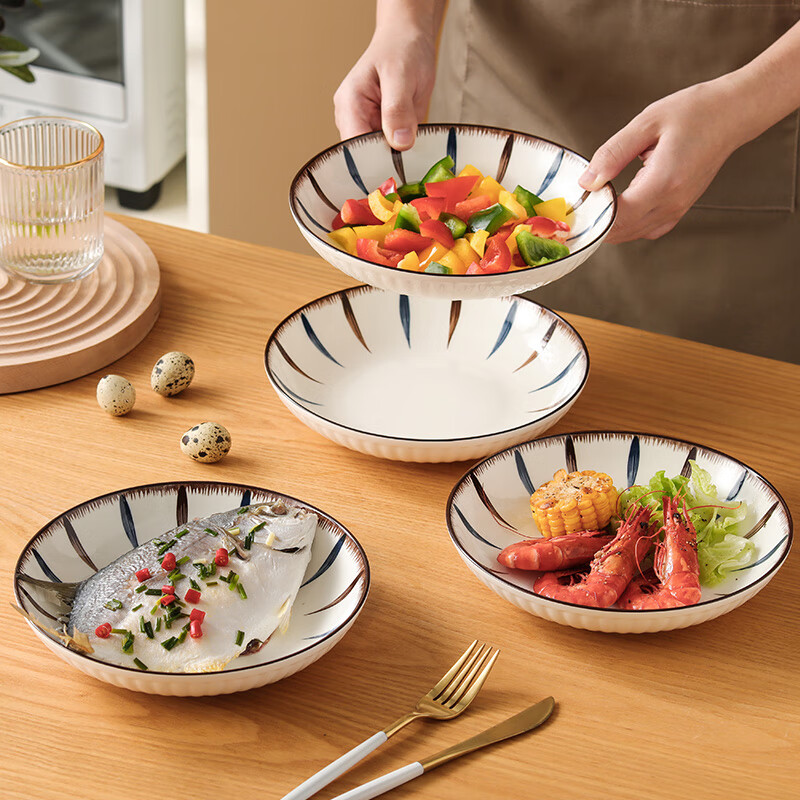 贺川屋陶瓷盘家用盘子8英寸日式釉下彩装菜盘子餐盘菜盘 4只装 优雅线条