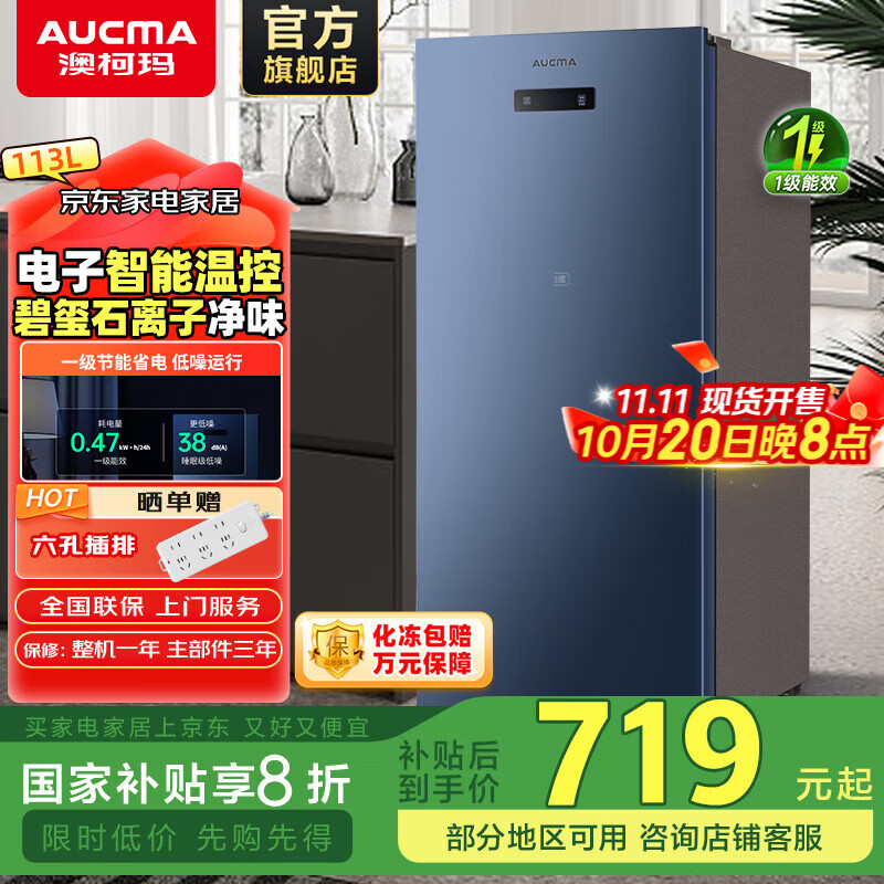 澳柯玛（AUCMA）113升立式冰柜 一级能效电脑智能控温 母乳冷冻抽屉式冷柜小冰箱 省电大冷冻柜BD-113EVH 晶韵蓝 113L BD-113EVH