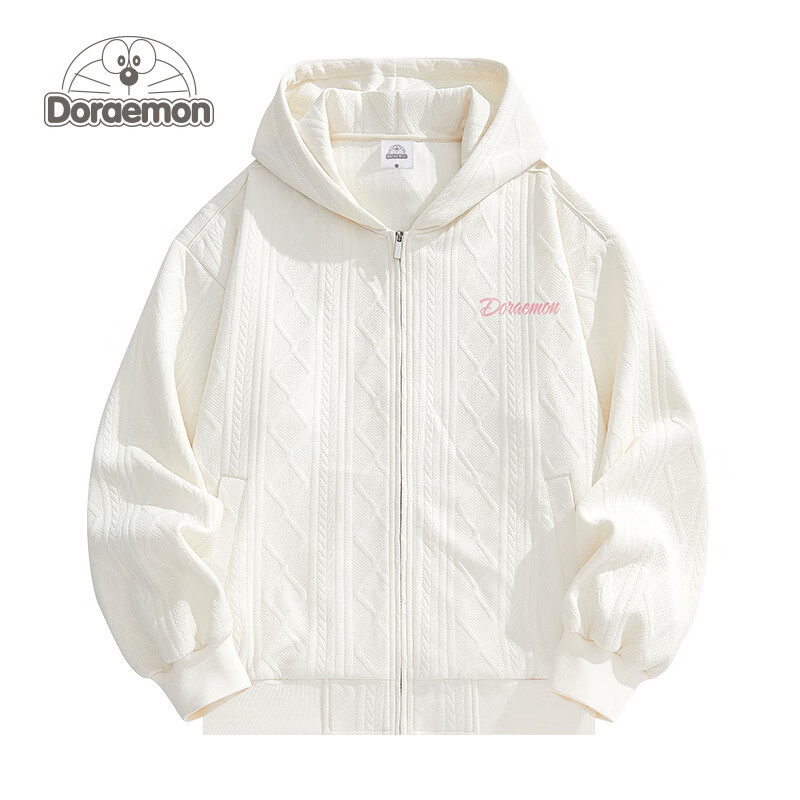 哆啦A梦(DORAEMON) 开衫纯色麻花纹机器猫花体英文Logo印花休闲宽松连帽卫衣 米白 XL