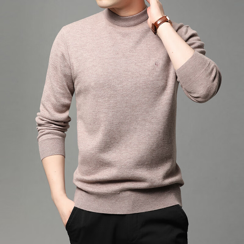 恒源祥加厚纯羊毛衫男打底衫圆领保暖毛衣秋冬季爸爸装针织衫内搭上衣 米白 3XL /190/104A