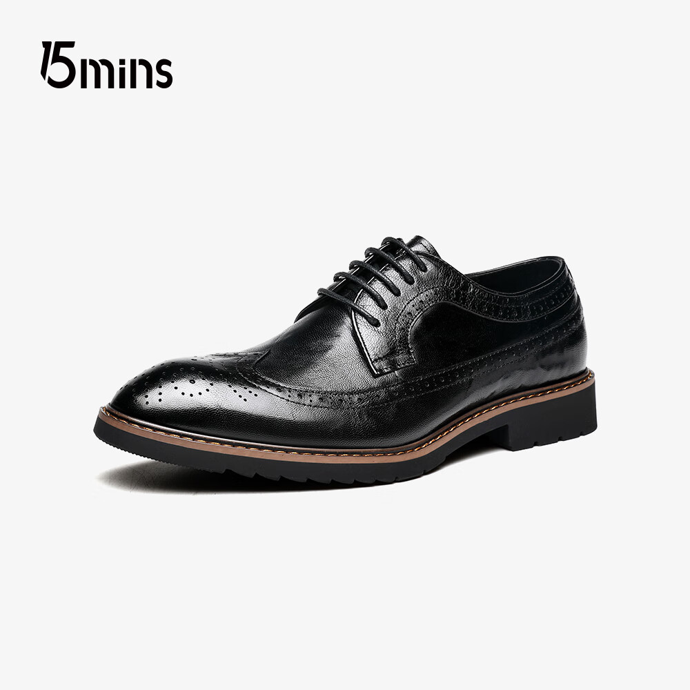 15分钟男鞋商务布洛克鞋休闲百搭羊皮正装皮鞋婚鞋 E1325 黑色 40