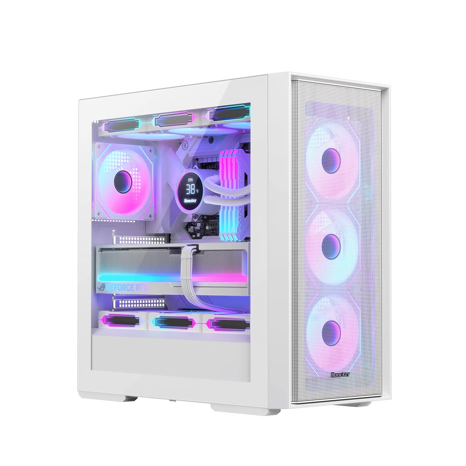 航嘉（Huntkey）G63战戟  玻璃侧透机箱  GS680C台式主机电脑游戏机箱 支持M-ATX主板/360水冷/卡扣式快拆侧板 GS680C白色+ARGB风扇*4（4个正向）