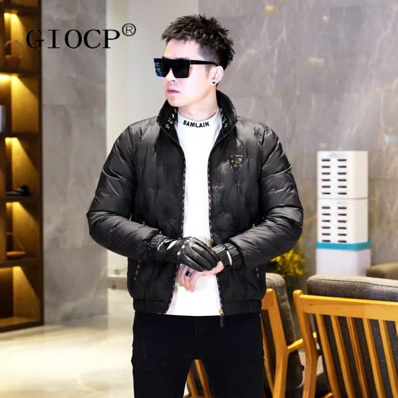 GIOCP香港潮牌轻薄款羽绒服男款冬季新款潮流刺绣立领短款羽绒外套男装 黑色 M
