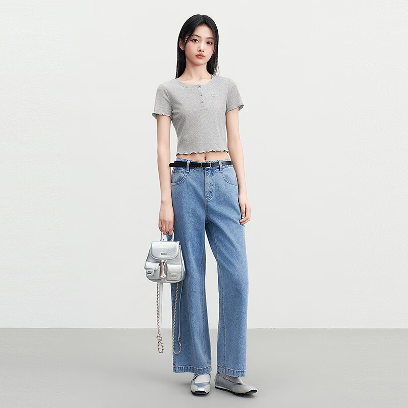 乐町直筒韩系少女牛仔裤显瘦高腰莱赛尔阔腿裤 牛仔中蓝(现货) M