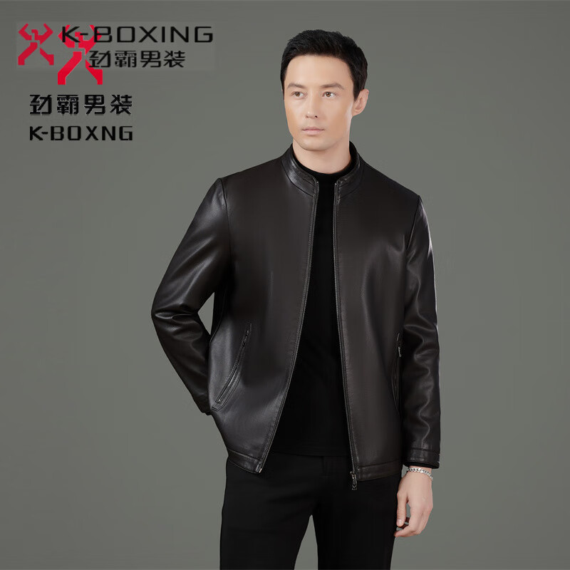 勁霸男裝（K-Boxing）男裝皮衣2025春秋款男士商務(wù)休閑中年爸爸裝立領(lǐng)皮夾克外套 棕色-【冬款】 2586 加絨 2XL 185