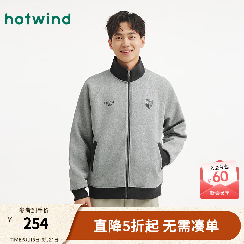 热风【商场同款】男士外套2025年秋季新款男士棒球风印花运动卫衣开衫 09灰色 S