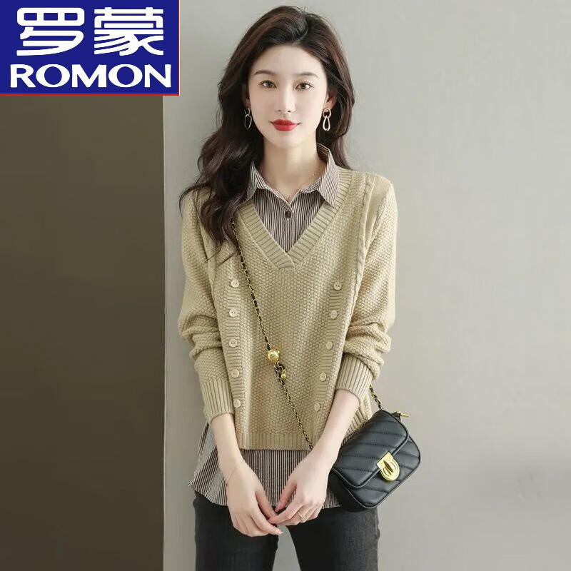 罗蒙（ROMON）衬衫领毛衣羊毛衫女春秋季2024新款时尚洋气外穿假两件针织衫上衣 KG米色 S 80-95斤