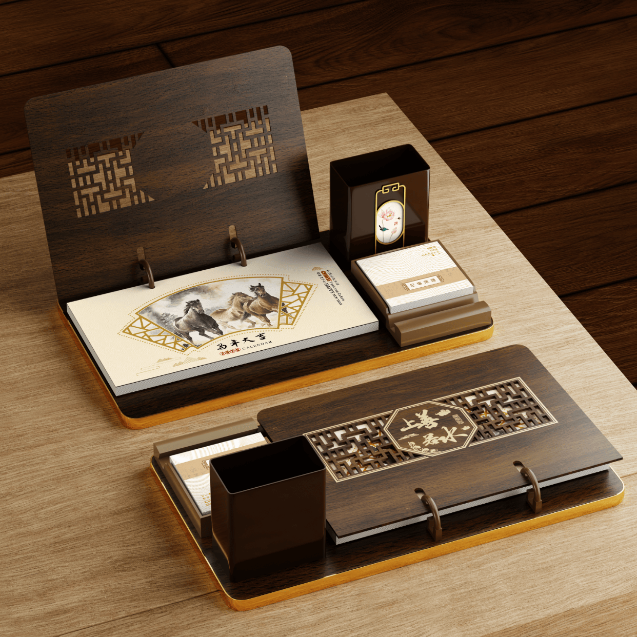 锦兔2026木质台历架多功能带笔筒台座周历定制日历桌面摆件月历创意订制商务精美高端记事周历 马年大吉