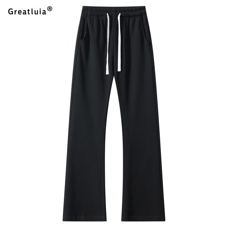 GREATLUIA秋冬季新款加绒纯色微喇休闲裤青少年百搭显腿长潮酷慵懒风长裤 黑色 L