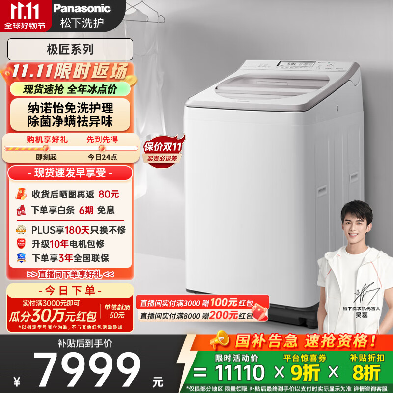 松下（Panasonic）【吴磊推荐】波轮洗衣机全自动11公斤大容量带烘干洗烘一体 纳诺怡除菌除螨家电国家补贴20% F