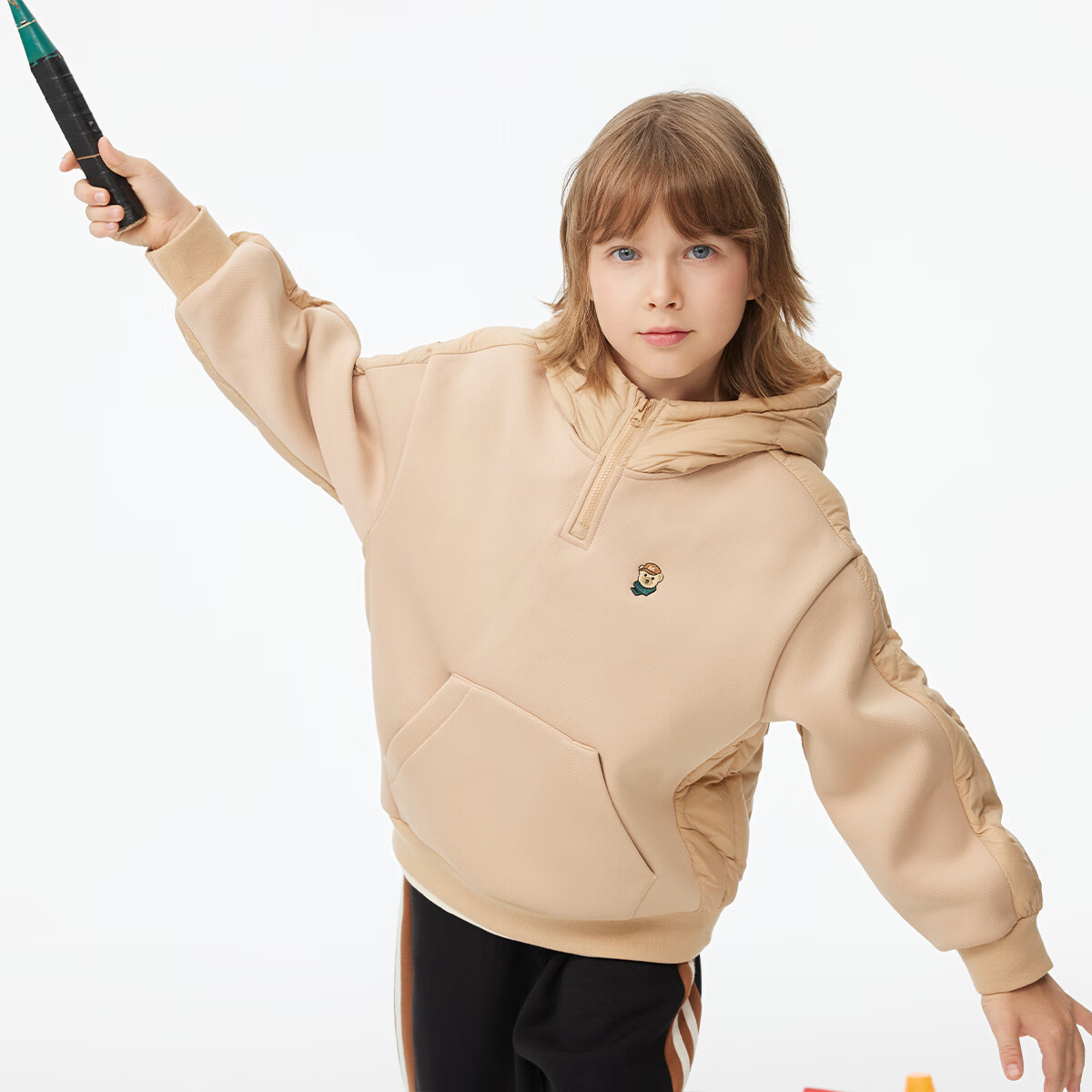 马骑顿(MQD)童装男大童冬季学院风保暖连帽羽绒服 卡其 130