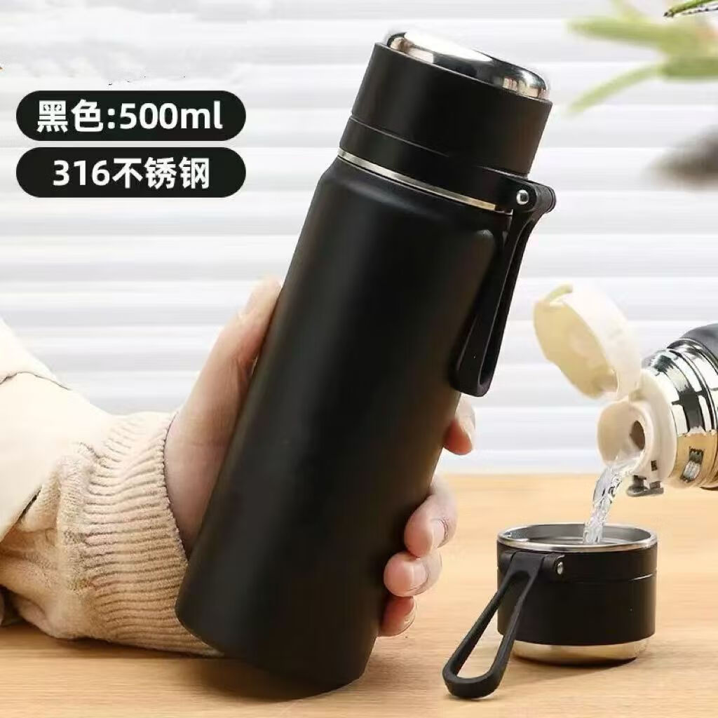 SZTAA保温杯大容量男女生高颜值水杯2025新款学生儿童上学便携杯子 黑色【316不锈钢+内置滤网】500ml