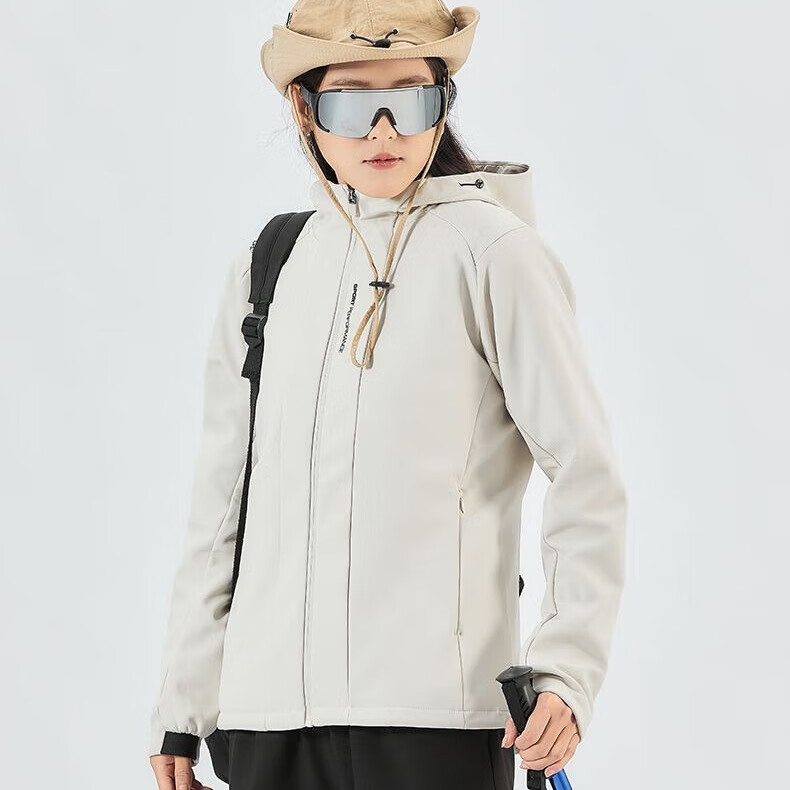 图途户外软壳外套连帽加绒防风运动外套秋冬登山上衣休闲外套 沙丘白 M