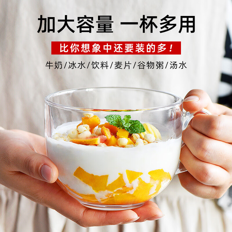 玻璃杯带盖勺咖啡杯早餐杯带盖子勺玻璃杯子家用带把 【升级加厚】竖条纹470ml+提钮盖 100℃开