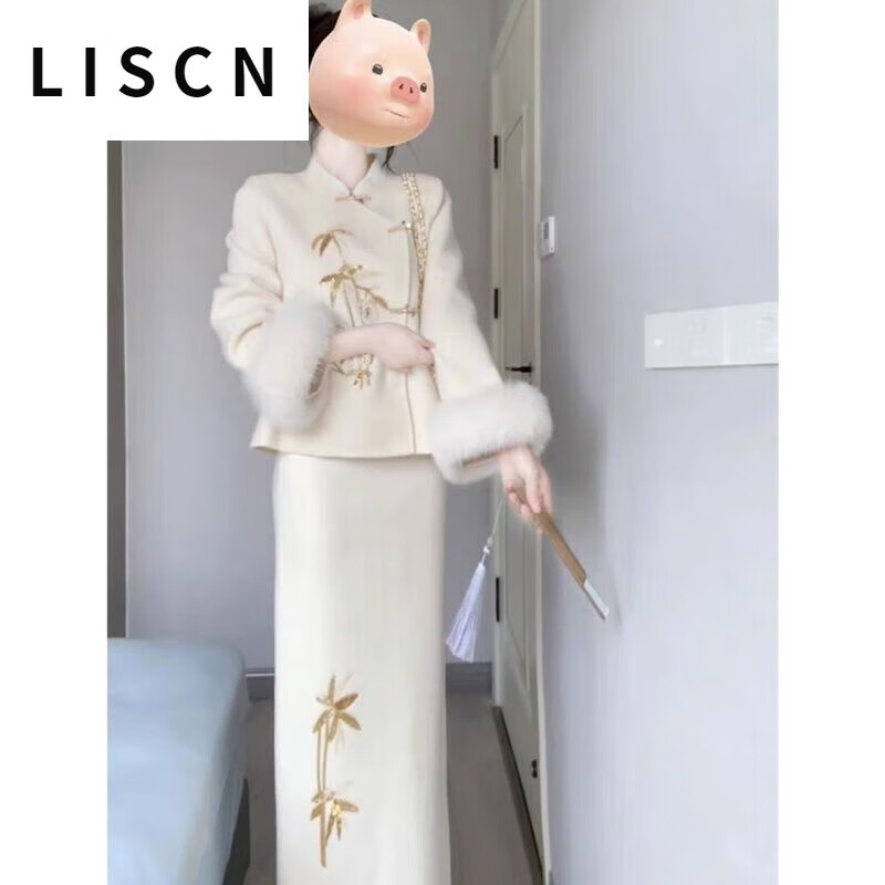 LISCN新中式国风套装裙女秋冬款高级感刺绣毛呢外套+高腰半身裙两件套 外套+裙子高质量 M