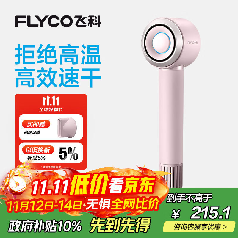 飞科（FLYCO）高速电吹风机生日礼物家用便携出行必备速干负离子大风力护发吹风筒FH6371钻石粉 国家补贴