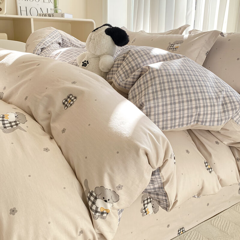 猫人纯棉床上四件套小清新全棉2025新款被套罩床单三件套宿舍床品 皮皮狗【100%新疆纯棉亲肤柔软】 床笠款 1.8m床【四件套】适200*230cm被芯