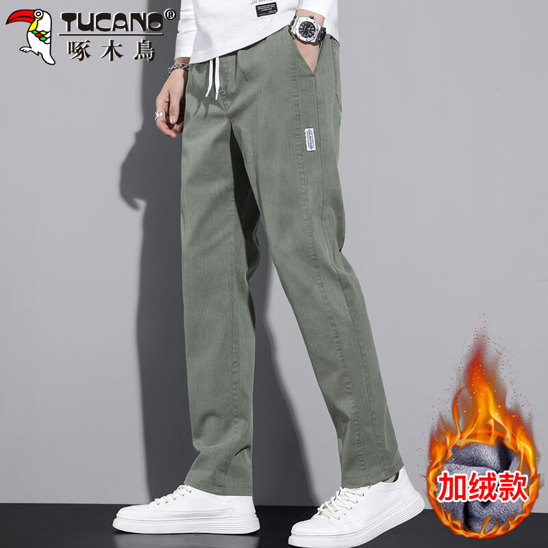 啄木鸟（TUCANO）裤子男秋冬季直筒休闲裤男士宽松运动潮流百搭长裤 果绿色加绒 28