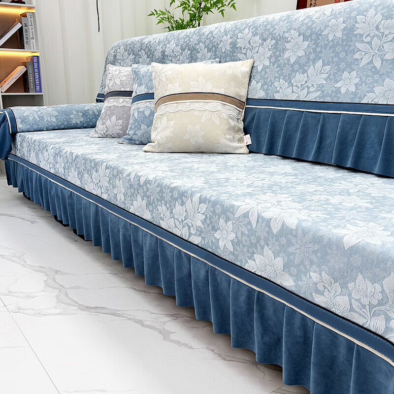 眷耐沙发罩客厅2025新款直排沙发垫套可定制轻奢四季通用加厚防尘防滑 雪尼繁花-灰 带花边宽100*390cm【1片】