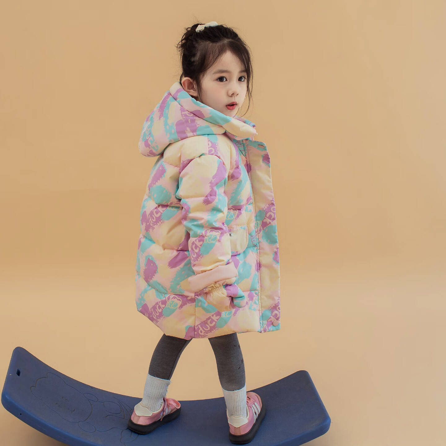 G.DUCK HELLO女童羽绒服中长款保暖外套冬季儿童加厚连帽冬装中小童印花童装 紫色 120 （建议身高110-120cm）