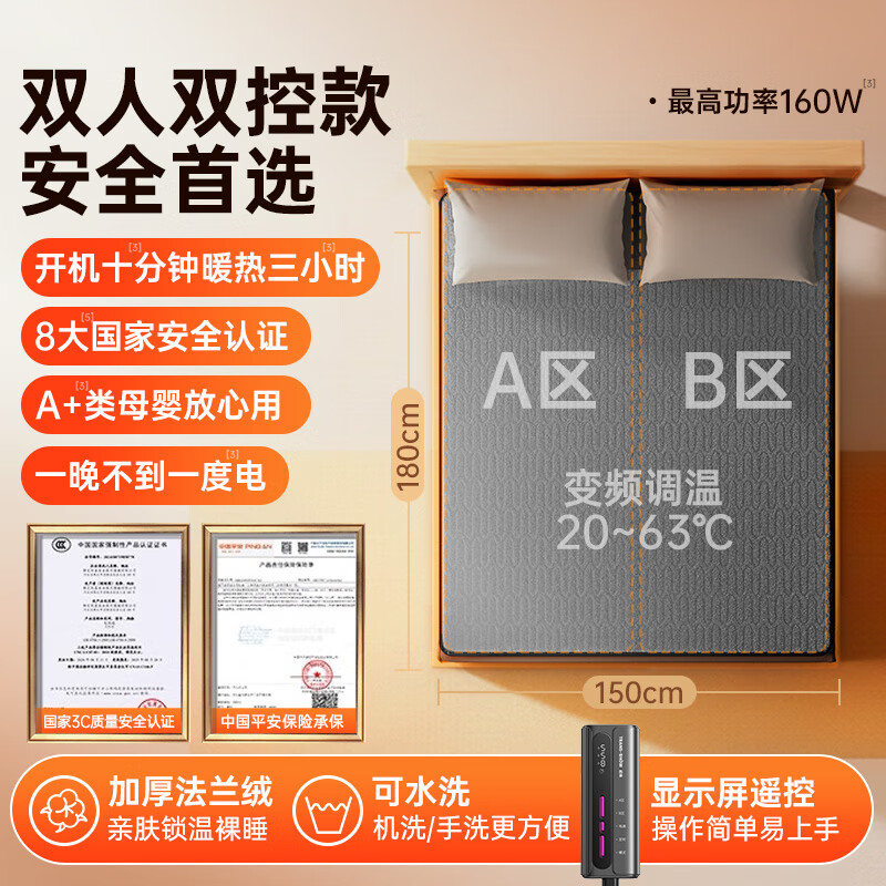 WCZ德国2025新款石墨烯电热加热毯双人单人电褥子正品官方旗舰店宿舍 【1.5×1.8米双控款】秒热63℃-抗菌防螨