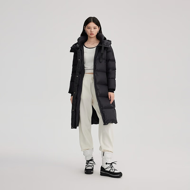 艾莱依（ERAL）长款连帽鹅绒服女款冬新款保暖时尚加厚高质感舒适简约外套 炭黑 S 155/80A （建议8b