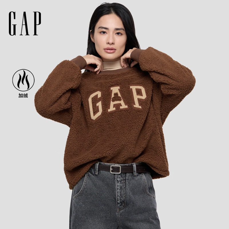 盖璞女装春款Logo毛巾绣仿羊羔绒宽松卫衣休闲上衣792563 褐色 S (160/84A)亚洲尺码