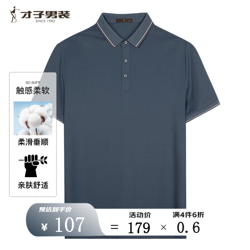 才子（TRIES）男士POLO衫夏季多采净色短袖珠地网透气棉弹轻柔短袖上衣休闲商务 蓝色 XL (175/92A) 50