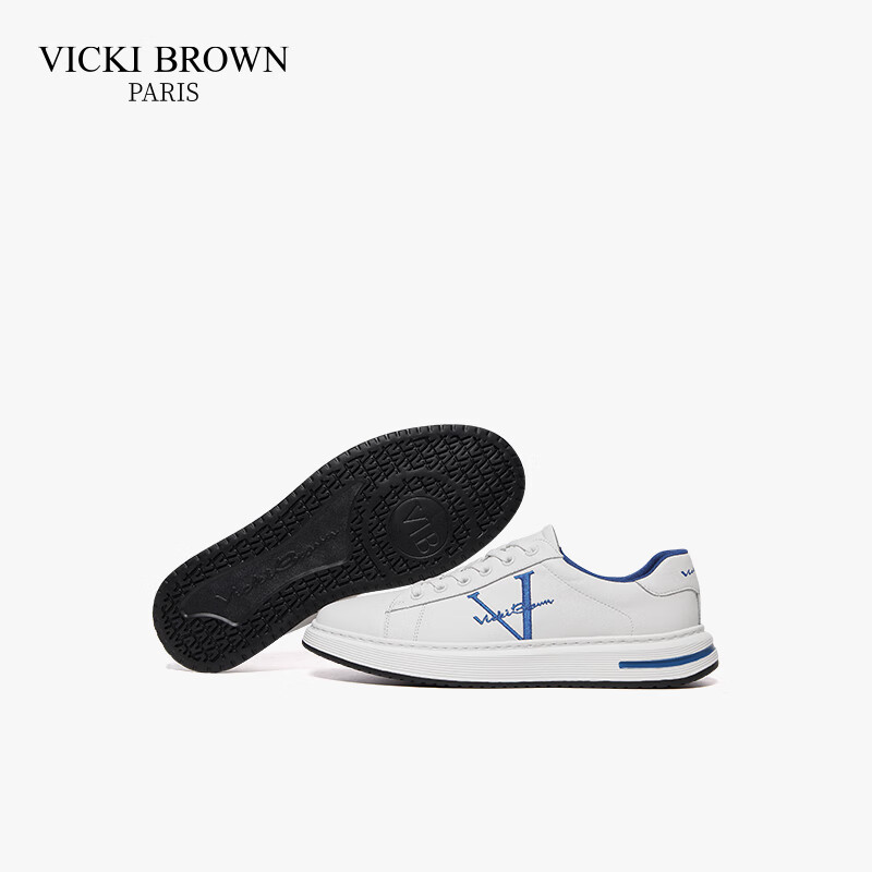 未毕(VICKI BROWN)法国品牌VB男鞋【冠军系列】简约潮流板鞋轻奢刺绣舒适防滑休闲鞋 白蓝色 37
