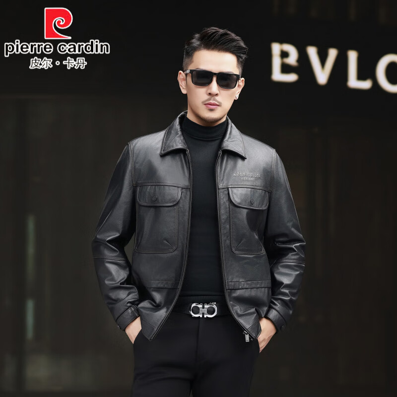 皮尔卡丹（pierre cardin）海宁真皮皮衣外套男短款2025新款小牛皮夹克翻领貂皮内胆冬季 黑色皮衣【不带毛领内胆】 后背没字母 L 【100-115斤】