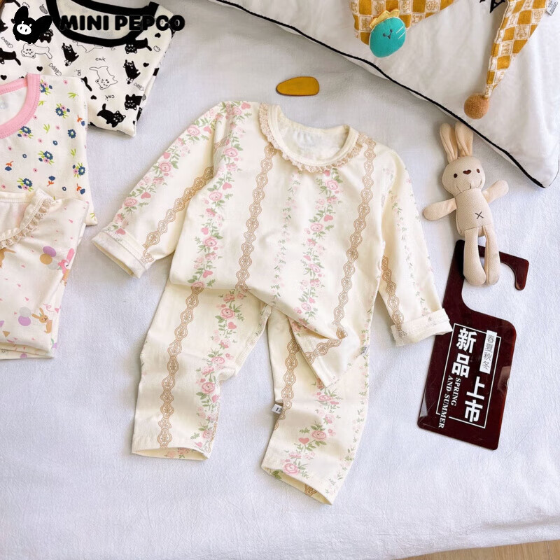 小猪班纳（PEPCO）秋冬季新款儿童睡衣套装秋衣秋裤无骨莱卡男童女童纯棉a类家居服 莱卡-玫瑰花竖条 140 cm