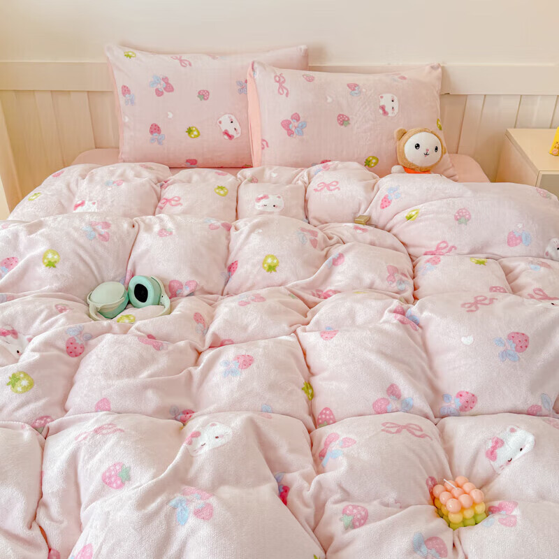 软贝小清新牛奶绒床上四件套保暖毛绒床单被套学生宿舍秋冬款三件套 草莓猫咪 床单款 2.0m  被套200*230cm 四件套