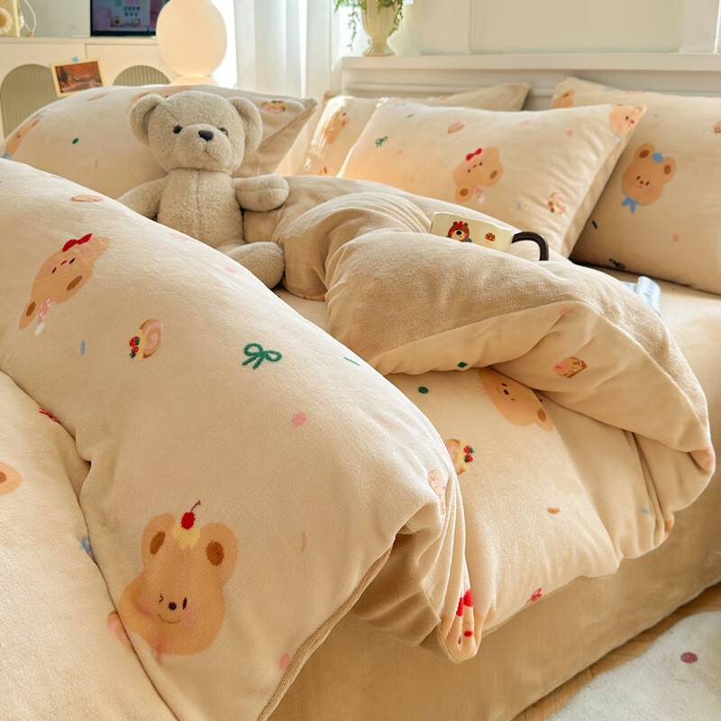 猫人（MiiOW）秋冬卡通牛奶绒被套单件150x200x230加绒加厚珊瑚绒被罩被单4 黄油小熊【加密植绒牛奶绒 蓄热保暖拒绝掉毛】 180*220cm单被套