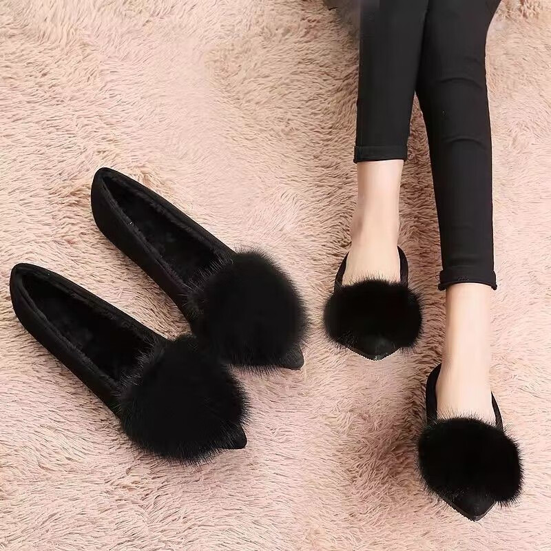 回力【厂牌】真皮水貂毛毛鞋豆豆鞋女加绒单鞋尖头平底浅口瓢鞋子 黑色加绒 40