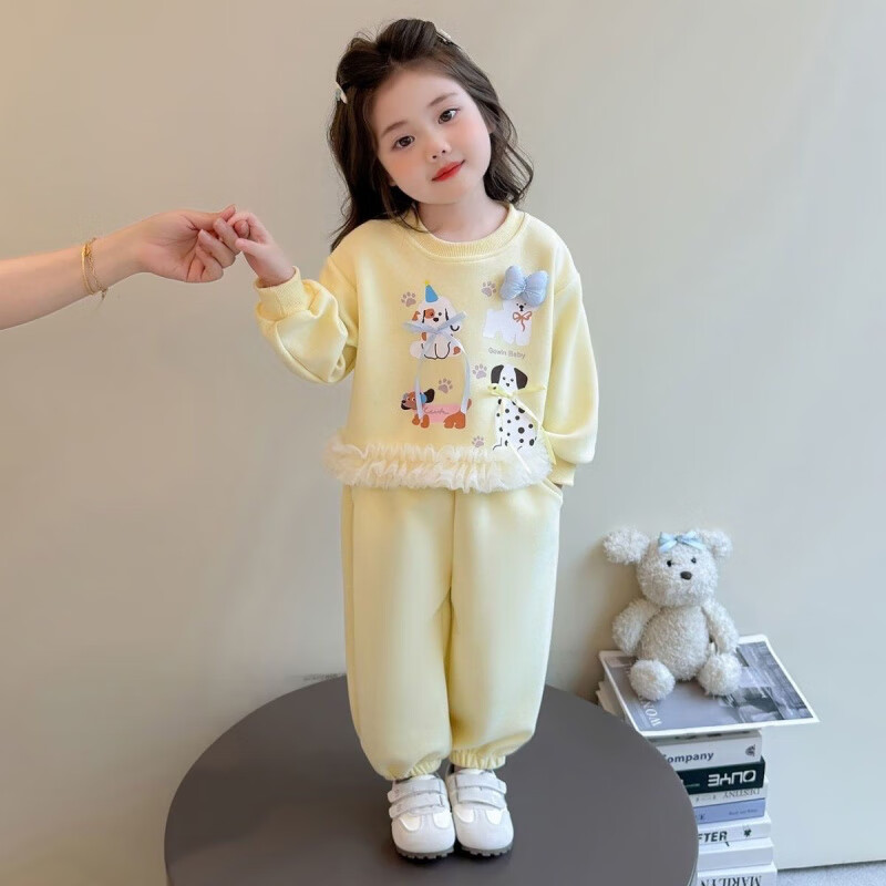 G.duck小黄鸭女童套装春秋25秋装新款洋气卡通宝宝卫衣儿童中小童两件套 黄色 套装 120 【建议身高110-120cm】