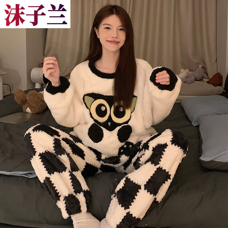 冬季珊瑚绒加厚加绒时尚简约女保暖法兰绒家居服卡通 82206猫头鹰女款